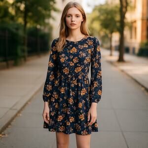 Zeagoo Women’s Small Boho Cottagecore Floral Mini Dress Navy Long Sleeve NWT